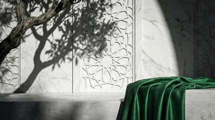 Luxurious marble podium with intricate oriental patterns and green silk fabric, bathed in dappled tree shadows for a serene product display concept