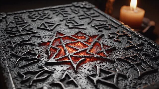 Ancient, textured book with glowing red pentagram and mystic symbols