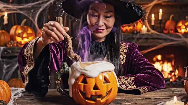 A woman in witch attire pours a potion from a wand into a jack-o-lantern mug