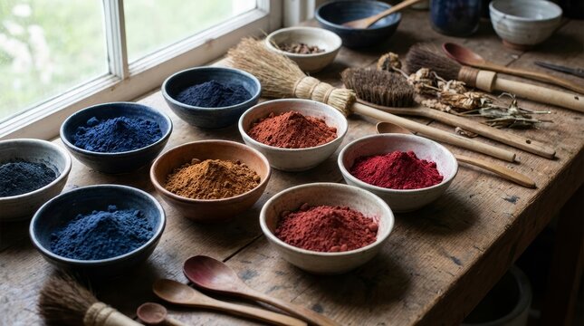 Natural Pigment Powders for Dyeing and Crafting on Wooden Table