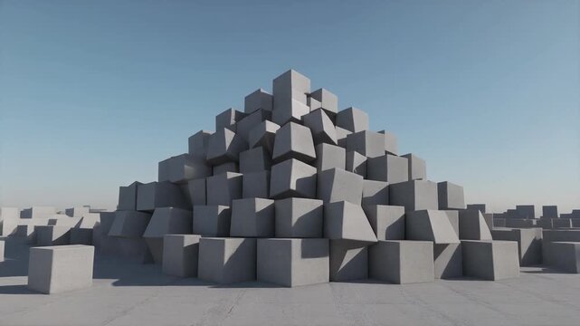 A large cluster of gray 3D cubes stacked in a pyramid shape on a flat surface against a clear blue sky