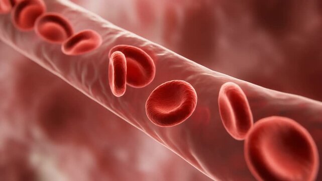 Red blood cells flowing through a vein, captured in a close-up, detailed, and realistic medical illustration