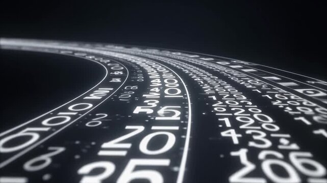 A curved digital highway with binary code and numbers stretching into the distance, viewed from a low angle, emphasizing the futuristic technology landscape