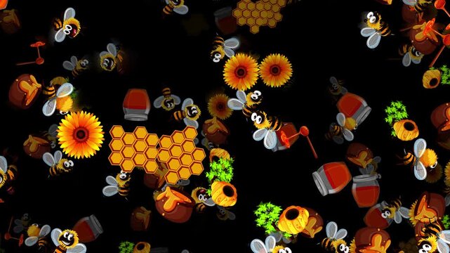 Cartoon Bees and Honey Elements Cascading Down a Black Background