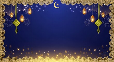 Eid Mubarak Al-Fitr Ramadhan background with golden lanterns and crescent moon on a dark blue night sky with stars and gold floral patterns