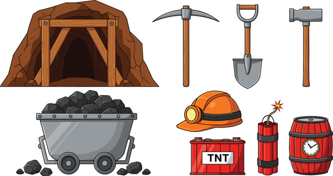 Collection of mining equipment featuring coal mine entrance cart filled with ore TNT dynamite pickaxe shovel and safety helmet