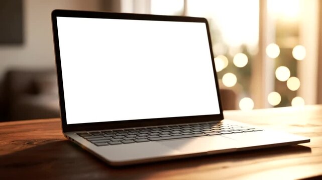 Laptop on Wooden Desk with Blurred Background.