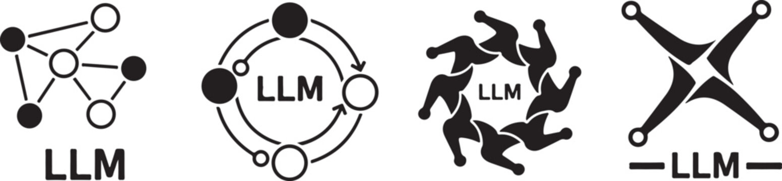 Abstract large language model branding elements with circular node networks and geometric star shapes for artificial intelligence use