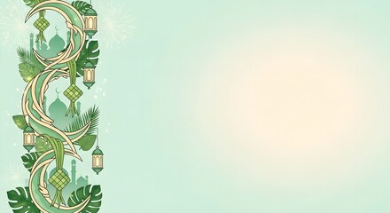 A festive ramadan background with a decorative border of green leaves, lanterns, and ribbons on a light green gradient background for eid al-fitr or ramadhan celebrations.