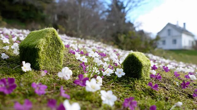 Whimsical moss houses in a vibrant field of tiny white and purple flowers.
