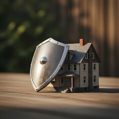 Miniature house protected by a shield on wooden surface symbolizing asset protection and property security. Copy space 