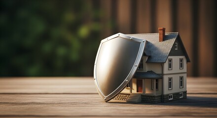 Miniature house protected by a shield on wooden surface symbolizing asset protection and property security. Copy space 