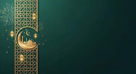 Dark green background with a gold geometric patterned strip featuring a crescent moon and mosque design, surrounded by golden lights and sparks, ideal for eid or ramadan celebrations.