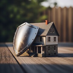 Miniature house protected by a shield on wooden surface symbolizing asset protection and property security. Copy space 