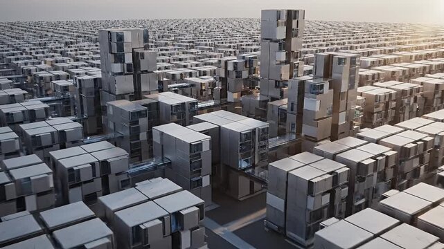 Cityscape of mirrored cubic buildings under a diffused sky