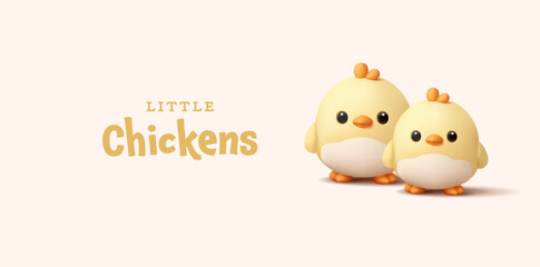 3D little cute chicks. Modern banner for concepts of domestic birds, spring, childhood, Easter. Vector illustration. © YarM