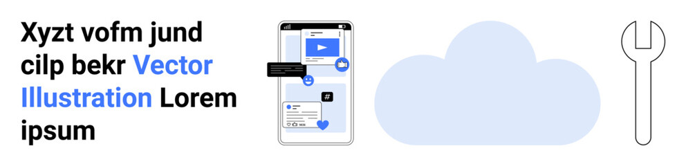 Data management, cloud storage solutions, online repair tools, mobile technology, system backup, mobile apps. Smartphone with cloud and wrench icons. Data management and cloud storage concept