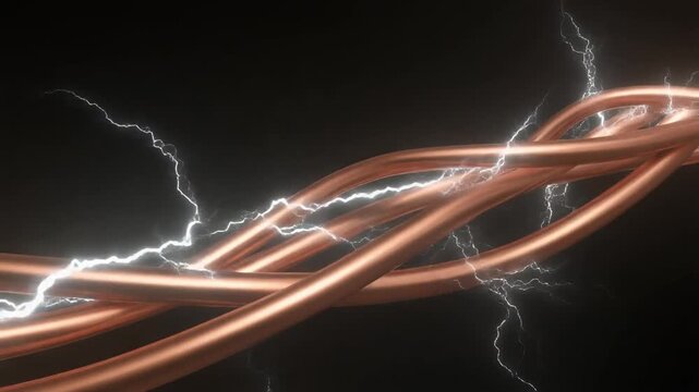 Close-up of intertwined copper wires with bright electrical sparks and lightning against a dark background, symbolizing power and energy.