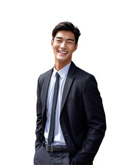 Smiling Businessman: A confident and sophisticated businessman radiates success with a warm smile, exuding professionalism and approachability. 