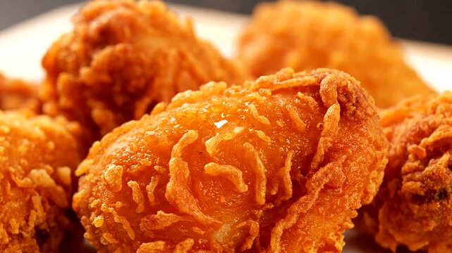 Crispy Golden Fried Chicken Pieces Close Up Macro Shot.