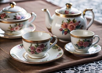 Fototapeta premium A beautifully crafted porcelain tea set sits serenely on a delicate china tablecloth