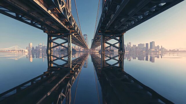 Low-angle view of parallel bridges over calm water, reflecting a city