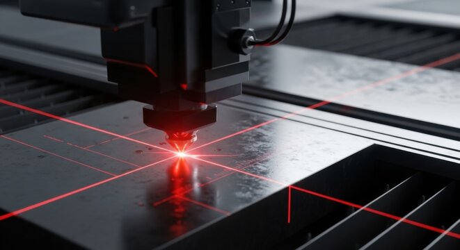 Precision laser cutting machine engraving metal with red beam in industrial workshop high-tech manufacturing process