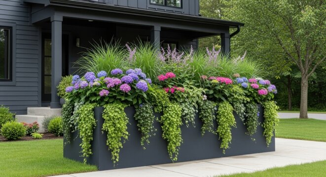 Modern black planter box overflowing with vibrant purple flowers and green foliage on residential porch in sunny garden