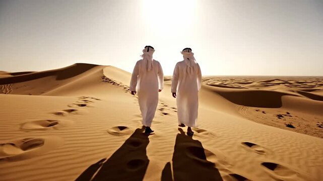 Inspiring journey of discovery as two Arab men walk through the golden desert dunes, leaving footprints in the sand. Use for travel and heritage content.