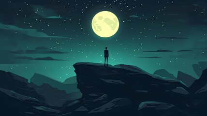 Man standing on the rock and looking at the moon. illustration.