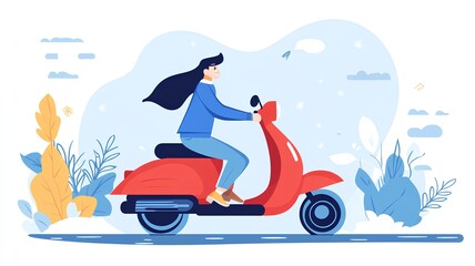 Young woman riding a red scooter. illustration in flat style