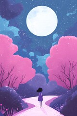 Night landscape with moon and girl, illustration. Watercolor painting.