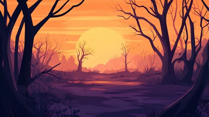 Forest landscape at sunset. Cartoon illustration of forest landscape at sunset.