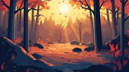 Autumn forest landscape with fallen leaves and stones