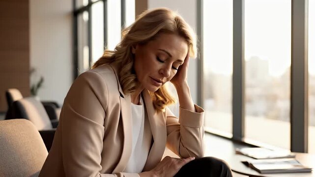Overwhelmed businesswoman sits in a modern office head in hand conveying stress and burnout a relatable image for articles on mental health and workplace challenges