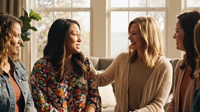 Diverse women supporting a crying friend in a bright living room