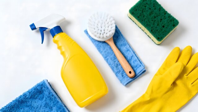 Assortment of cleaning supplies including a yellow spray bottle, brush, sponge, and cloth