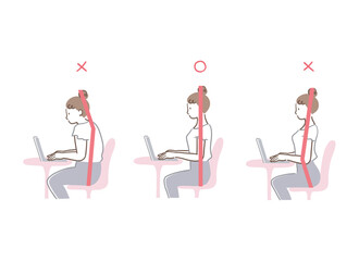 パソコンを操作する猫背と反り腰と正しい姿勢の女性の比較イラストセット