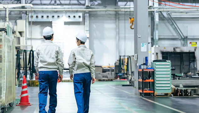 工場、後ろ姿、作業員、歩く、点検、検査、視察、メンテナンス、安全、チームワーク、確認、チェック、全身、女性、前進、広角、機械、男性、オペレーター、エンジニア、製造業、産業、工業、モノづくり、メーカー、人材、仕事、働く、作業服、従業員、スタッフ、労働者、工員、職人、職場、現場、中小企業、日本人、背中、設備、装置、倉庫、管理、保守、フィールドエンジニア、天井クレーン、生産技術、組立、生産、人物