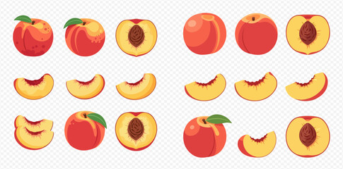 Collection of fresh peaches, whole, half, and sliced, showcasing ripe summer fruit. © MuammarAuliyan