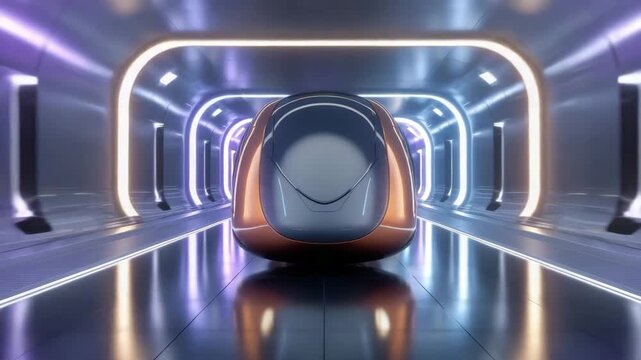 Futuristic maglev train traveling through neon tunnel