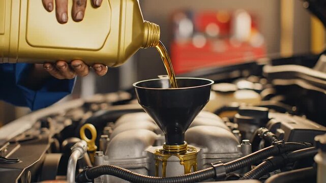 Mechanic pouring oil into car engine during maintenance in a garage
