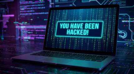 Computer screen shows "You Have Been Hacked" cyber attack alert