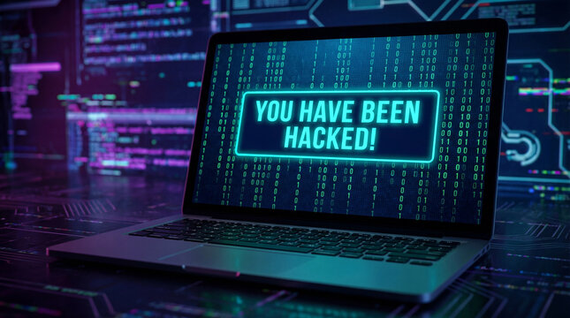 Computer screen shows "You Have Been Hacked" cyber attack alert