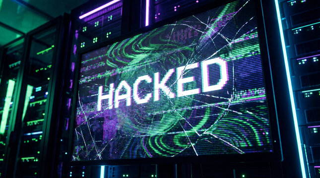 Hacked text displays on a broken screen in a dark server room