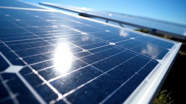 Detailed close-up shot of dark blue solar panels with a bright sun reflection, positioned outdoors under a clear sky, representing clean energy.
