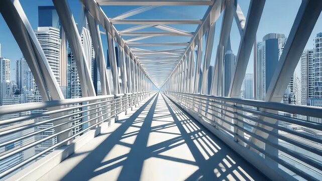 A long modern bridge structure with shadowplay, leading towards a cityscape under a blue sky