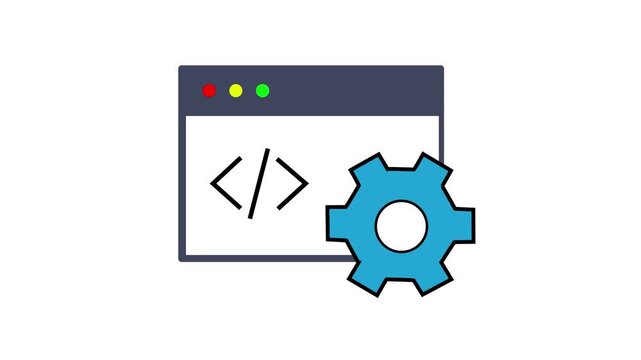 Browser window with code symbol and a spinning blue gear animation on a white background, web development, programming, software engineering, or technical support