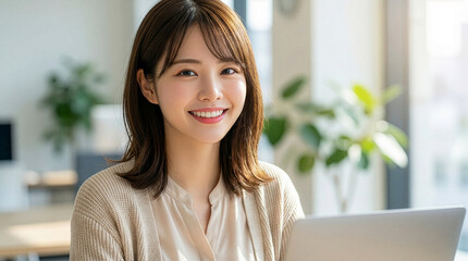 明るい室内でパソコンを操作する笑顔のビジネスウーマン