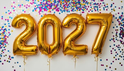 Golden Balloons of 2027: Festive balloons shaped as the numbers 2027 float gracefully against a backdrop of colorful confetti, representing a sense of excitement and celebration for the coming year.